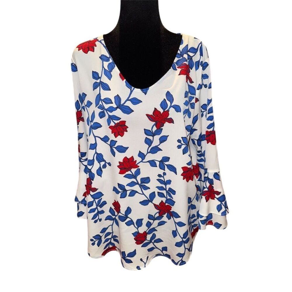 Liz Claiborne Multicolor Floral Blouse Scoop Neck Bell Sleeve Medium